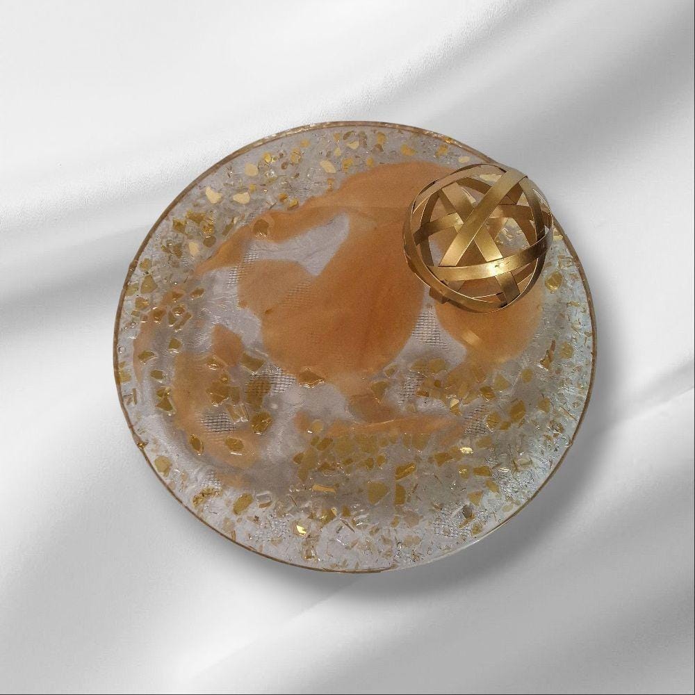 3D Resin Tray, Golden Peach with Gold Crystals, Elegant Home Decor