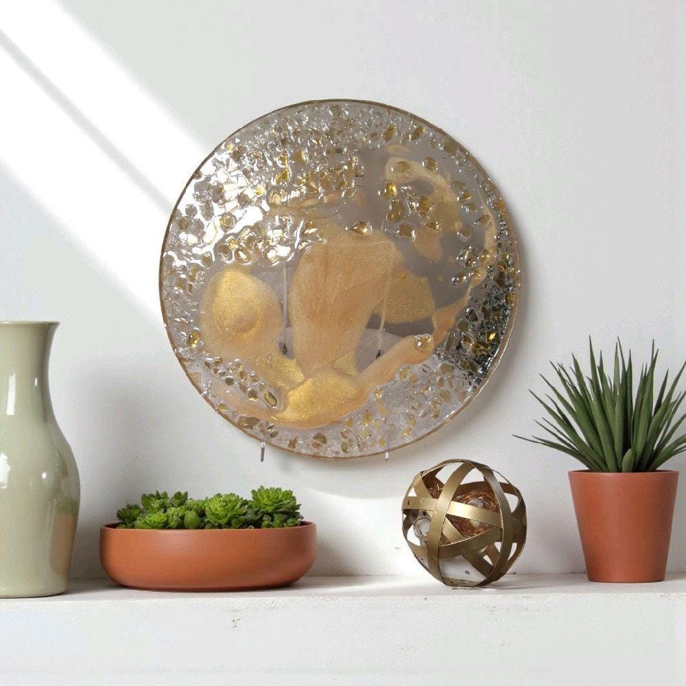 3D Resin Tray, Golden Peach with Gold Crystals, Elegant Home Decor