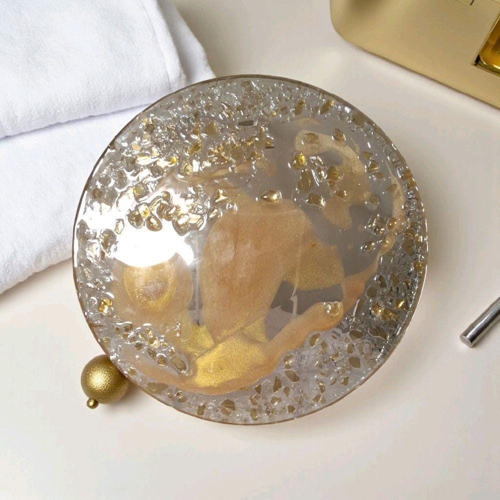 3D Resin Tray, Golden Peach with Gold Crystals, Elegant Home Decor