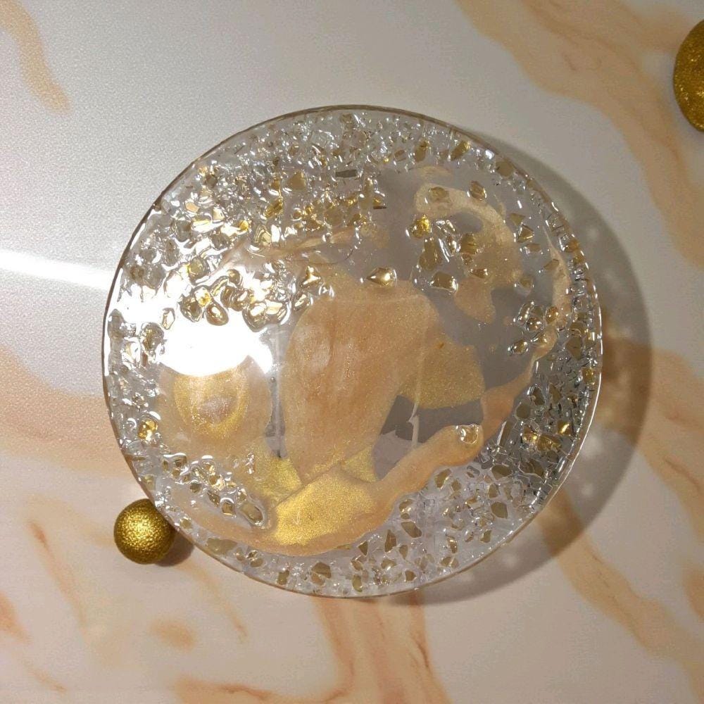 3D Resin Tray, Golden Peach with Gold Crystals, Elegant Home Decor