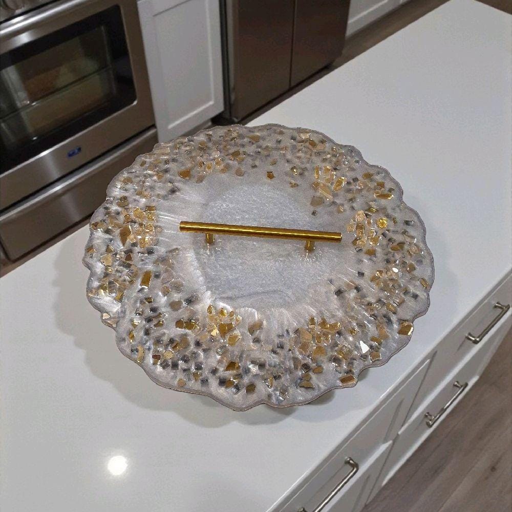 Marble White Resin Tray with Gold Crystals - Glam Home Decor
