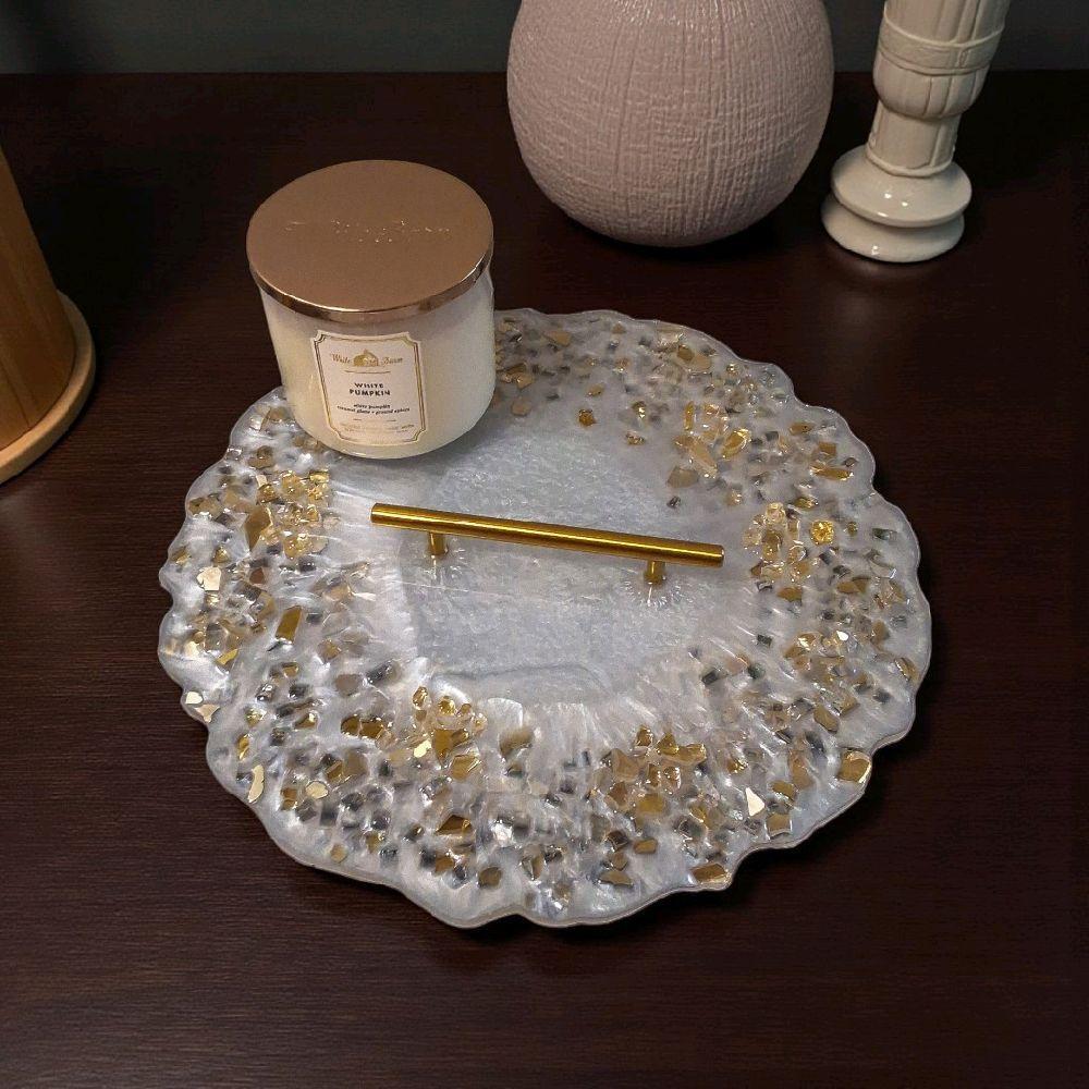 Marble White Resin Tray with Gold Crystals - Glam Home Decor