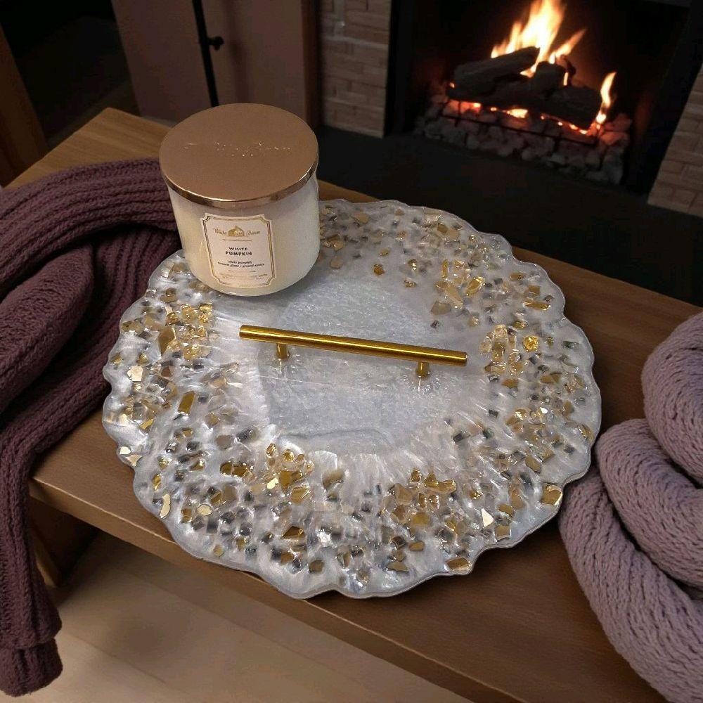 Marble White Resin Tray with Gold Crystals - Glam Home Decor