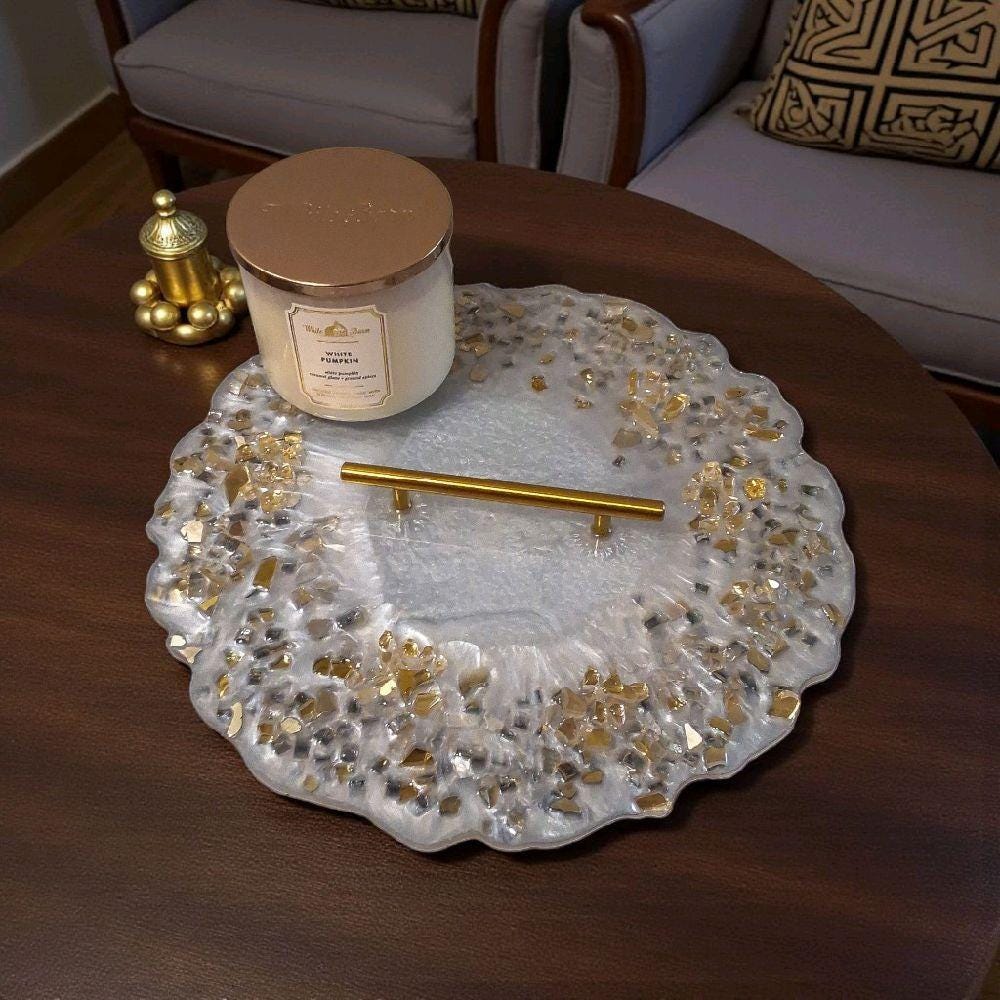 Marble White Resin Tray with Gold Crystals - Glam Home Decor