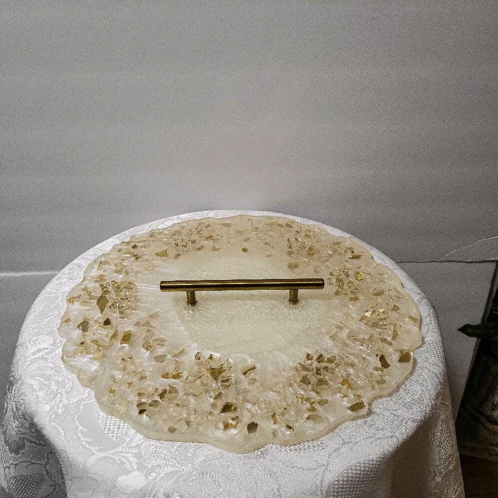 Marble White Resin Tray with Gold Crystals - Glam Home Decor