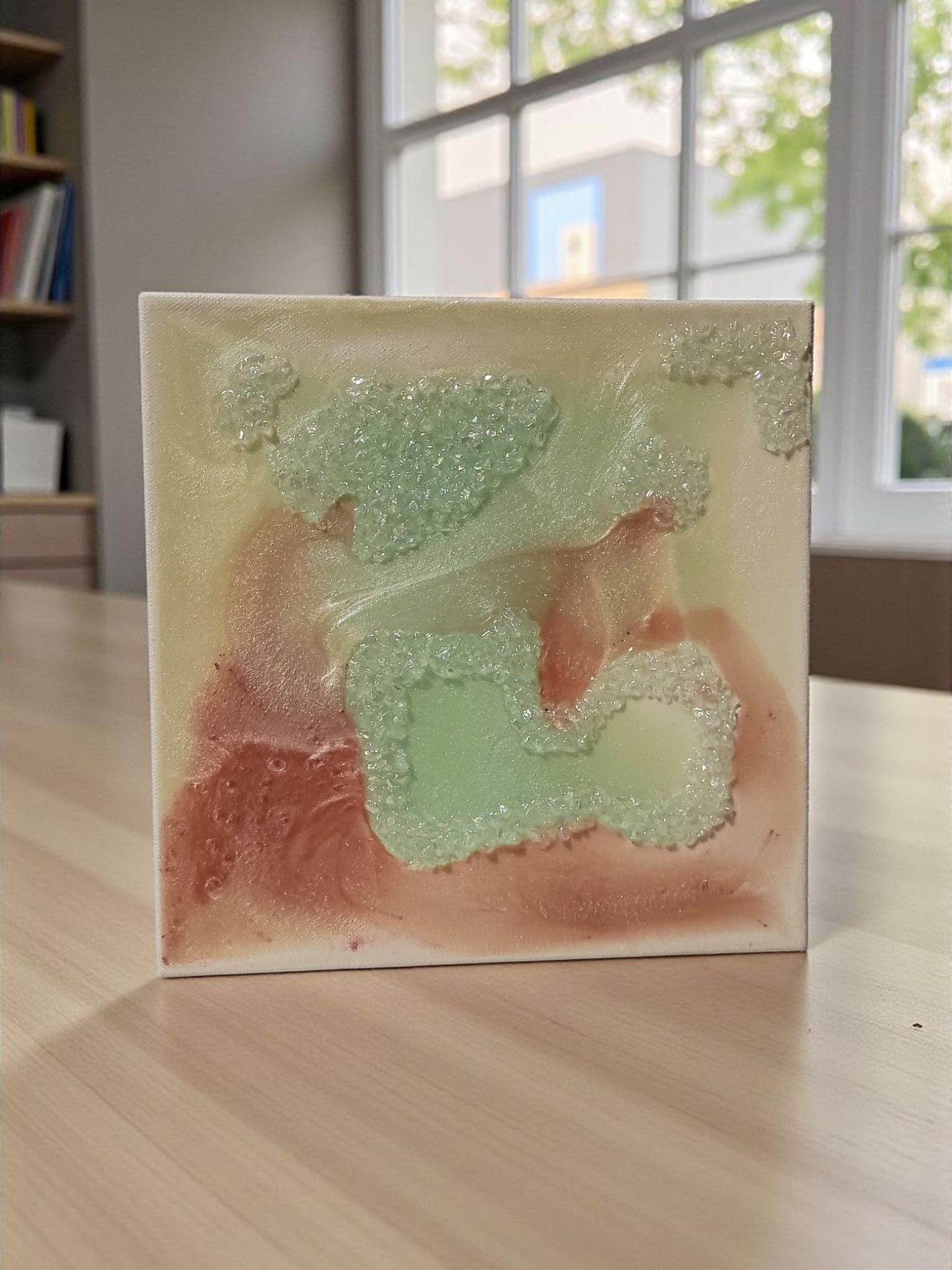 Iridescent Crystal Resin Painting - Pink, Aqua Green Hanging Decor. Size 10x10