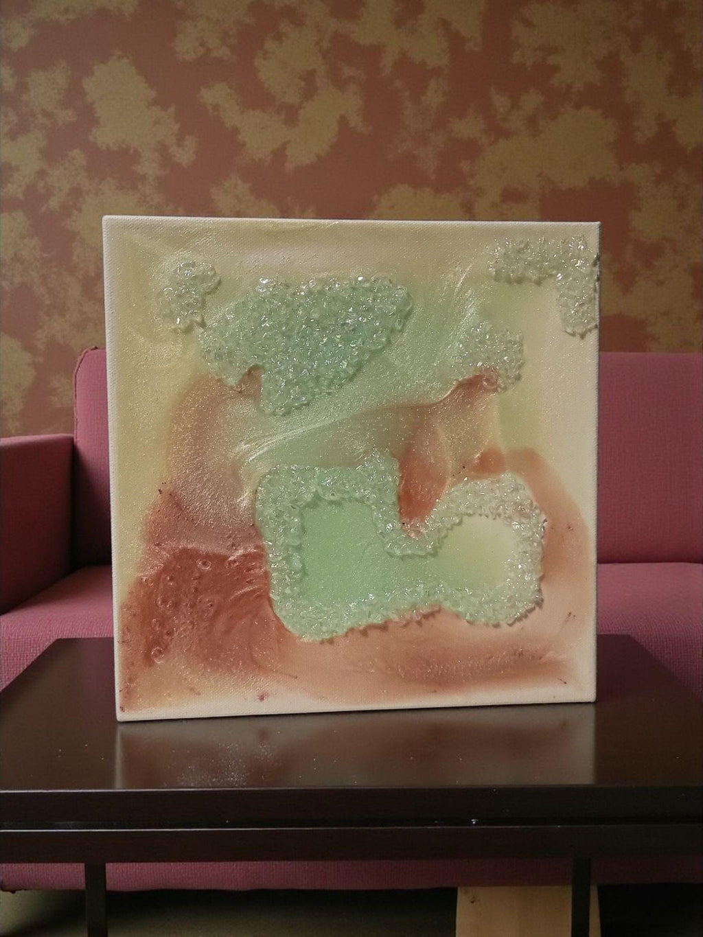 Iridescent Crystal Resin Painting - Pink, Aqua Green Hanging Decor. Size 10x10