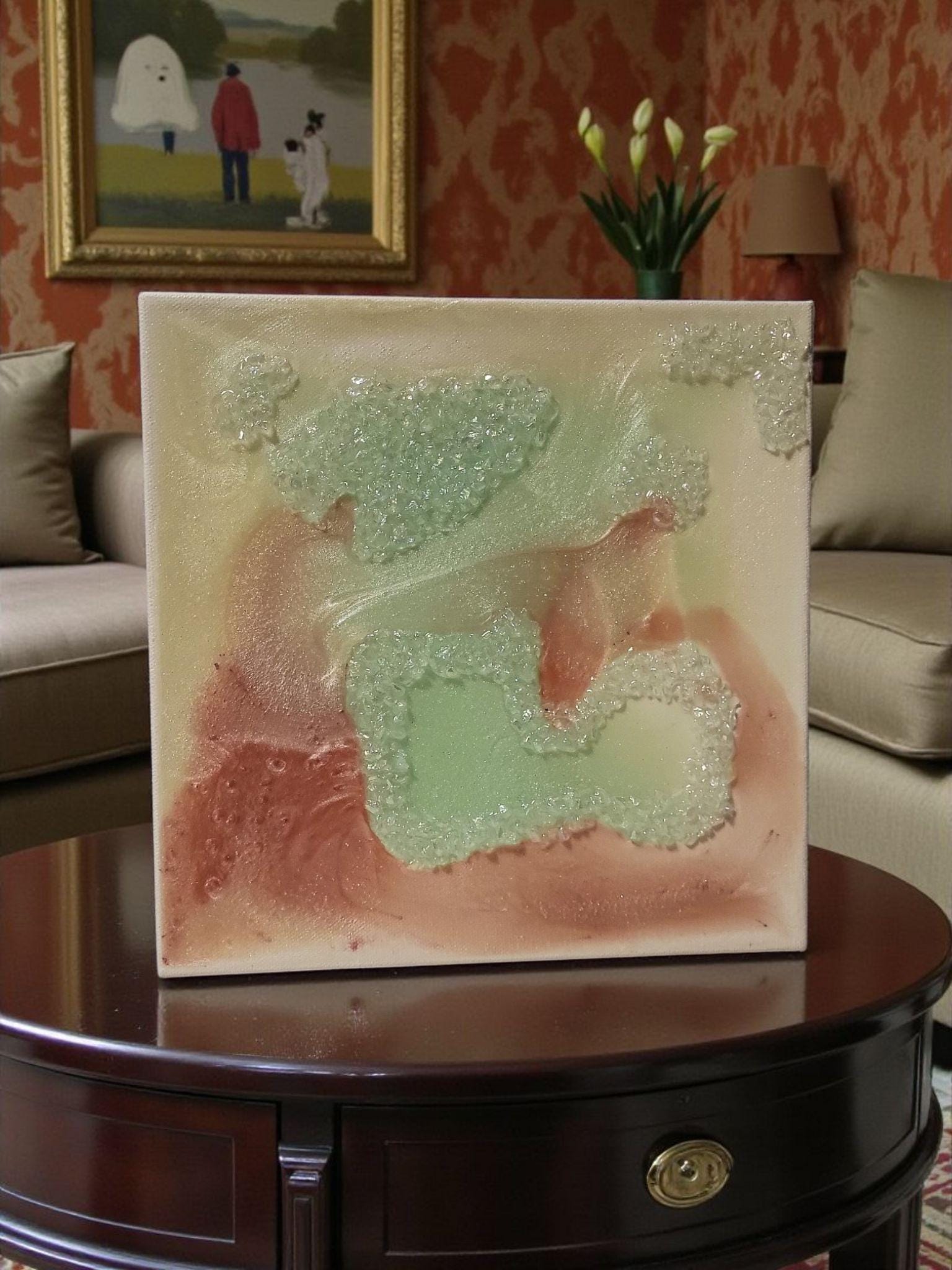 Iridescent Crystal Resin Painting - Pink, Aqua Green Hanging Decor. Size 10x10
