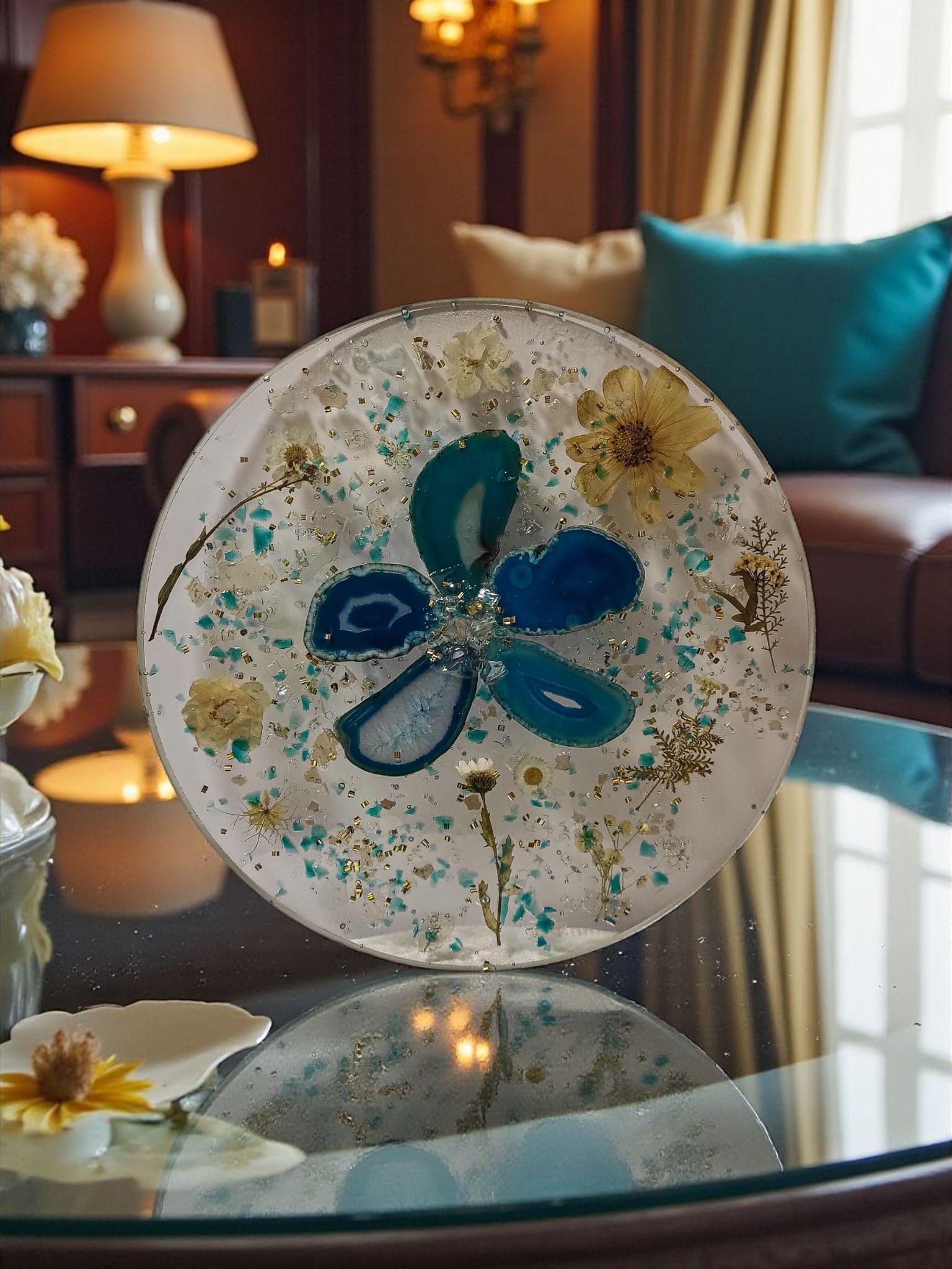 3D Resin Tray, Teal and Yellow Crystals, Elegant Home Decor
