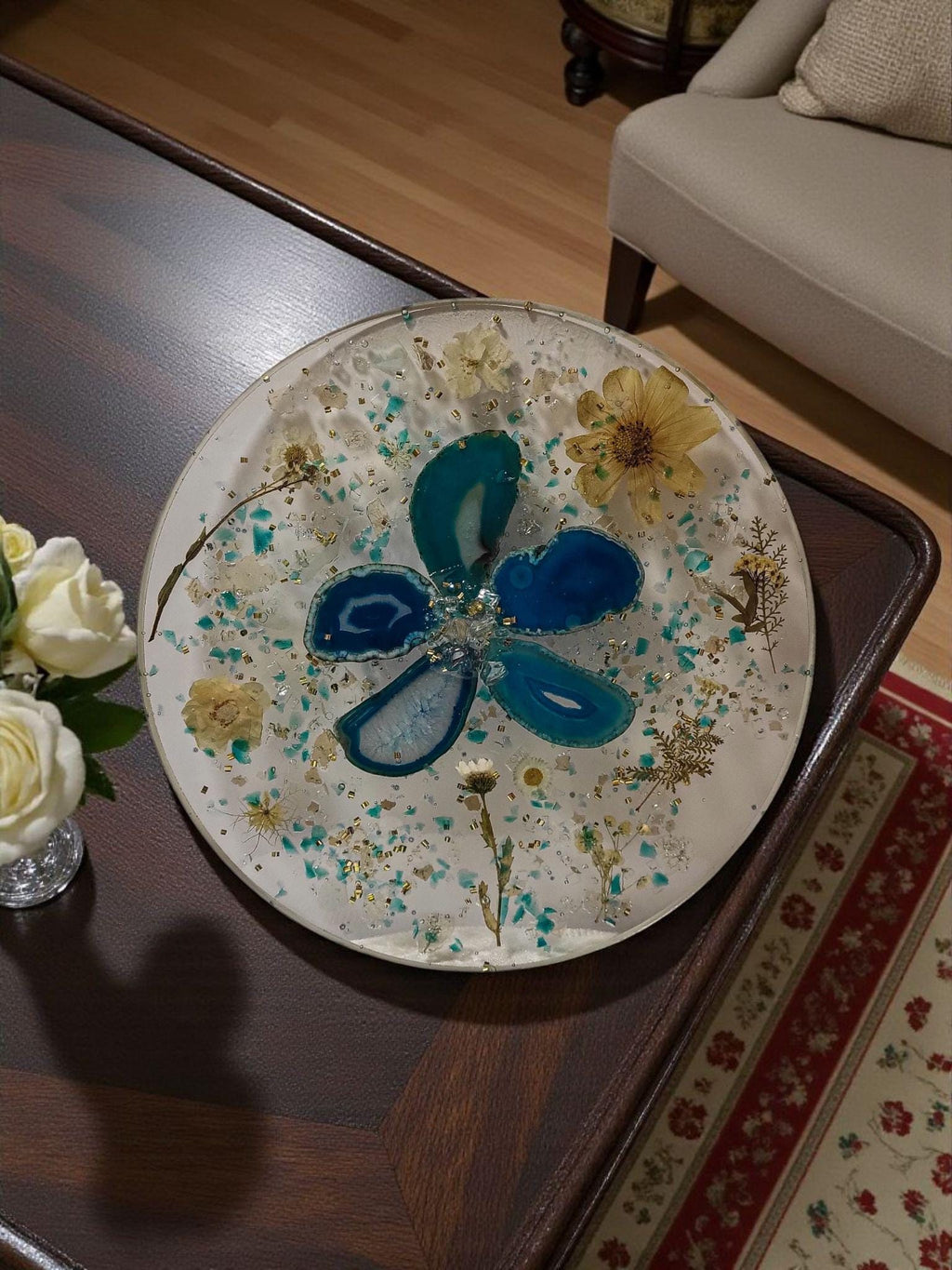 3D Resin Tray, Teal and Yellow Crystals, Elegant Home Decor