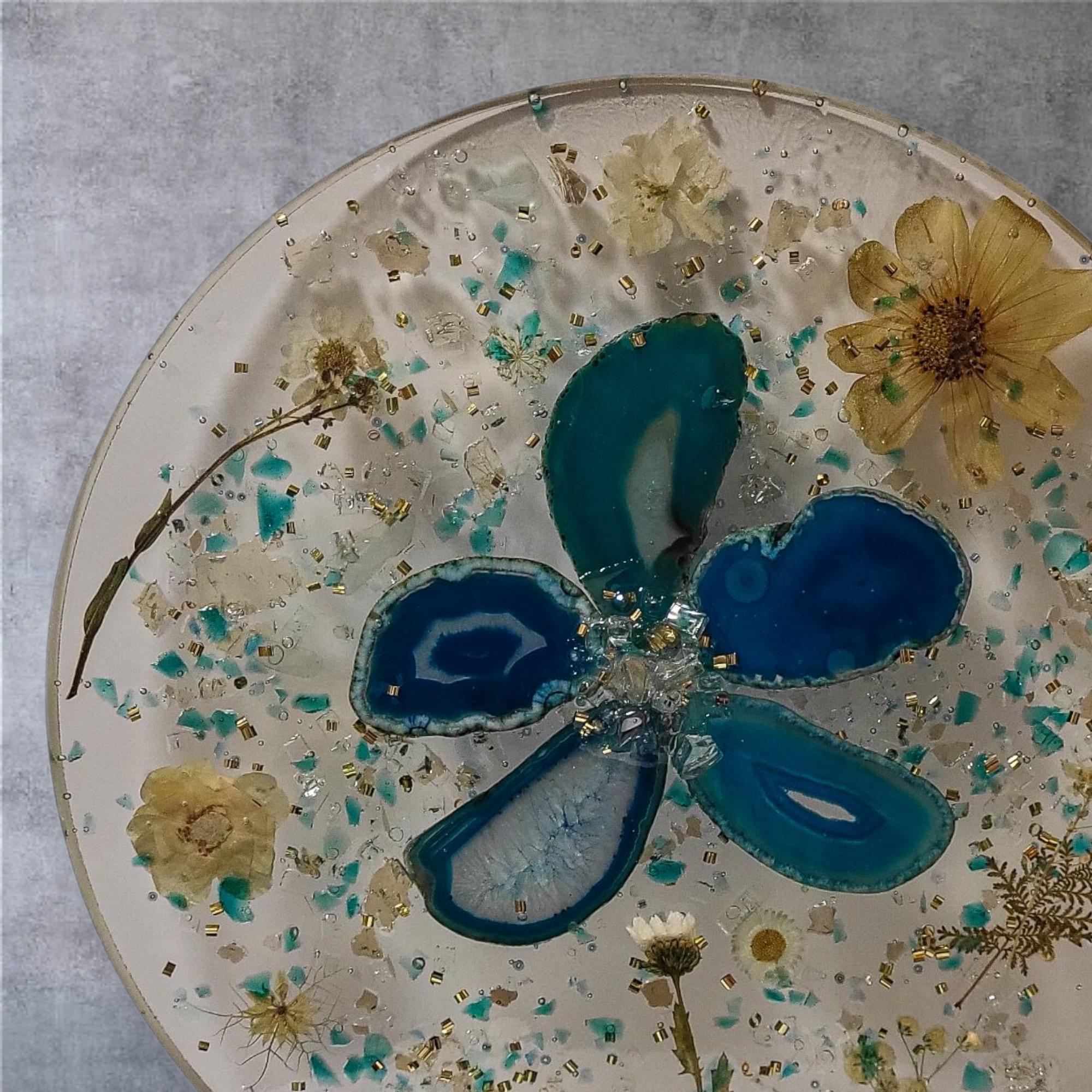 3D Resin Tray, Teal and Yellow Crystals, Elegant Home Decor