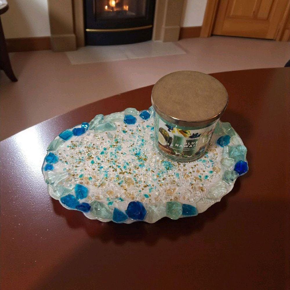 3D Blue & Aqua Stone Trinket Tray - Crystal Home Decor