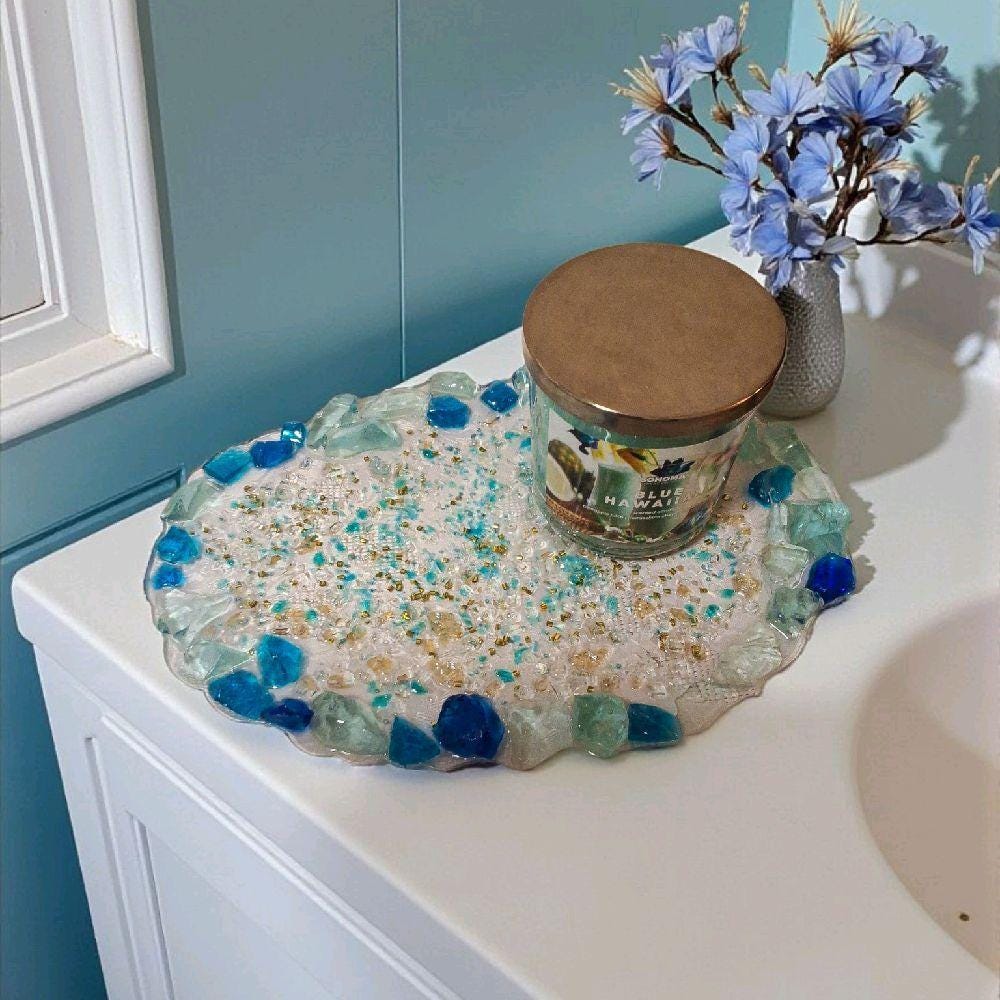 3D Blue & Aqua Stone Trinket Tray - Crystal Home Decor