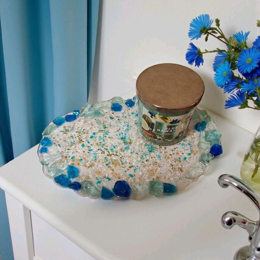 3D Blue & Aqua Stone Trinket Tray - Crystal Home Decor