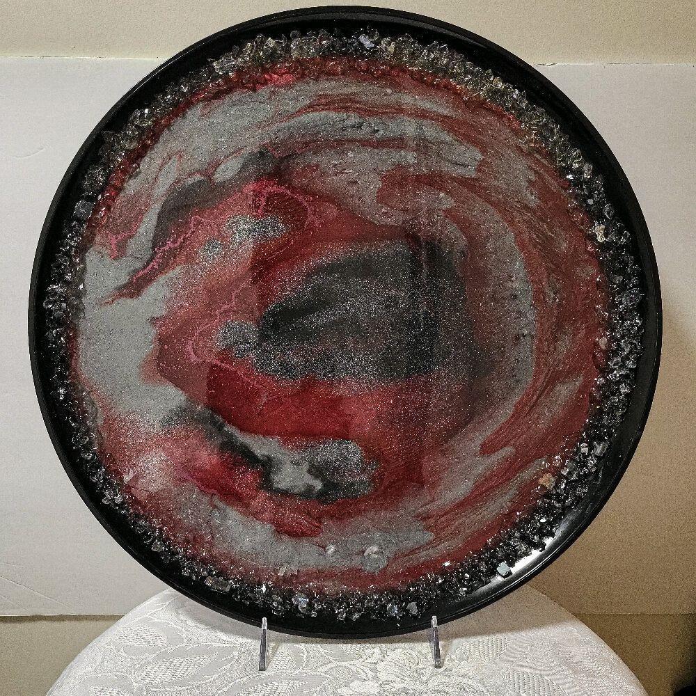 Crimson Red Resin Tray with Crystals, 3D Artwork Design