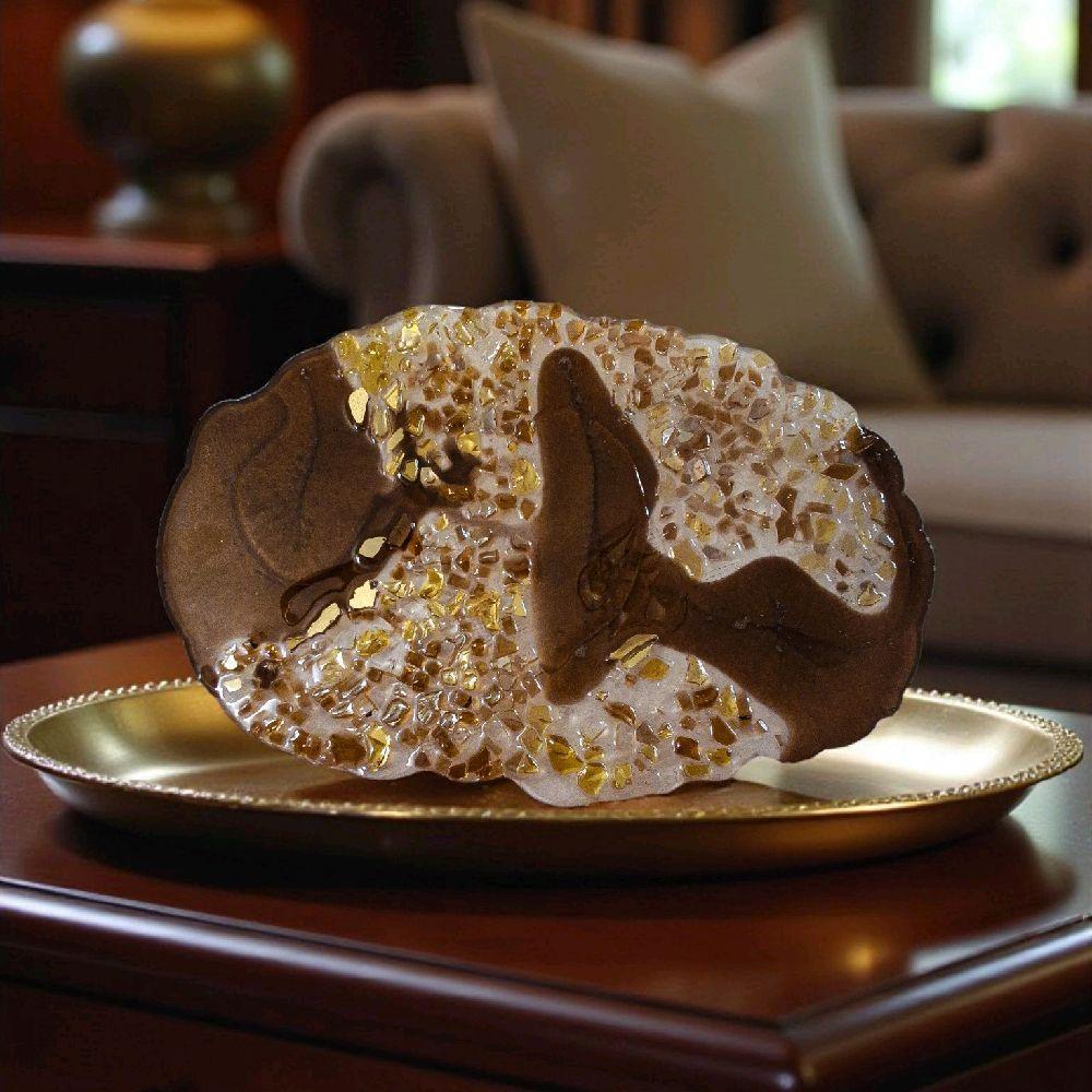 Hand-Designed 3D Crystal Resin Tray - Metallic Brown & Gold Decor