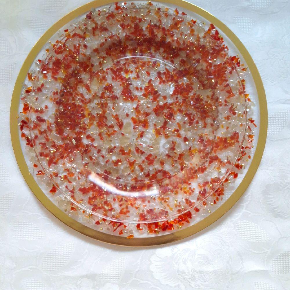 Red Resin Crystallized Charger Plate, Wedding Anniversary Holiday Decor