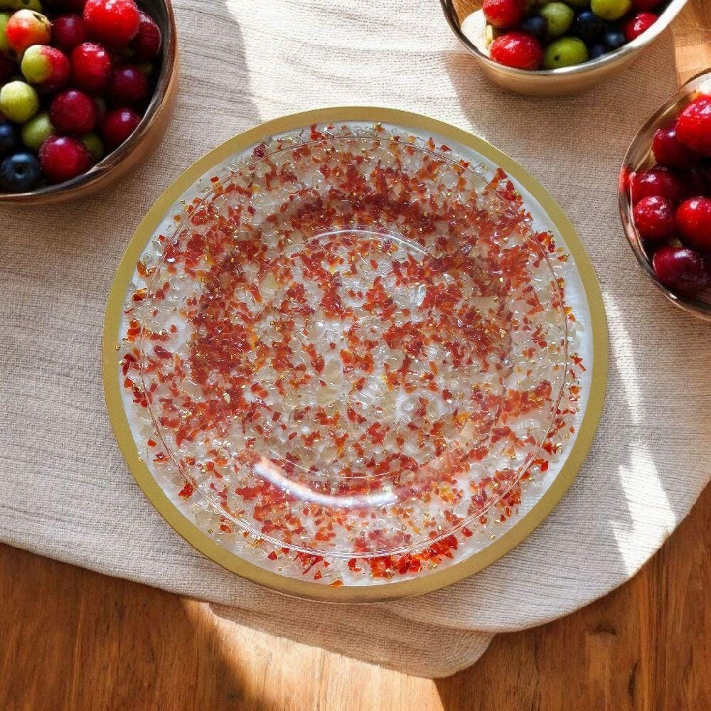 Red Resin Crystallized Charger Plate, Wedding Anniversary Holiday Decor