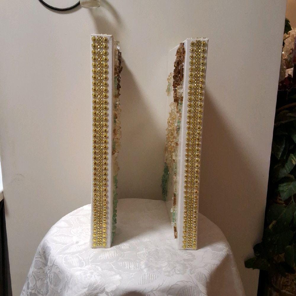 Hand-Designed Crystal 3D Wall Art, Gold Brown Green Abstract Home Decor. Size 12x16 SET OF 2