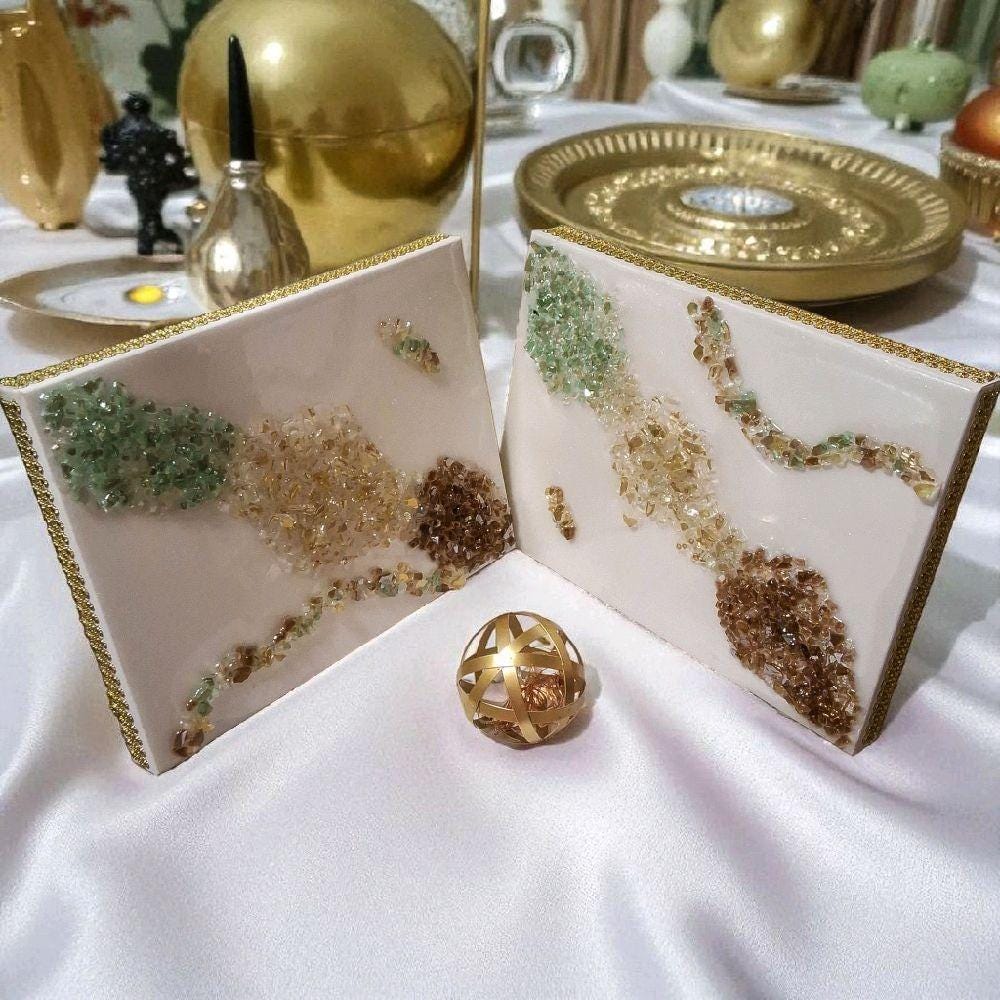 Hand-Designed Crystal 3D Wall Art, Gold Brown Green Abstract Home Decor. Size 12x16 SET OF 2