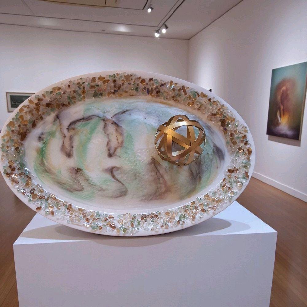 3D Resin Artwork Serving Tray: Green, Brown, Gold Crystals, Home Decor (14x21)