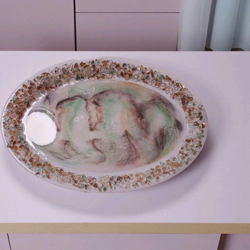 3D Resin Artwork Serving Tray: Green, Brown, Gold Crystals, Home Decor (14x21)