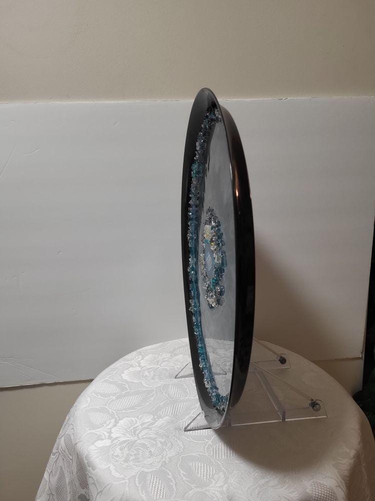Teal Blue Resin Tray with Crystals, Metallic White Organizer