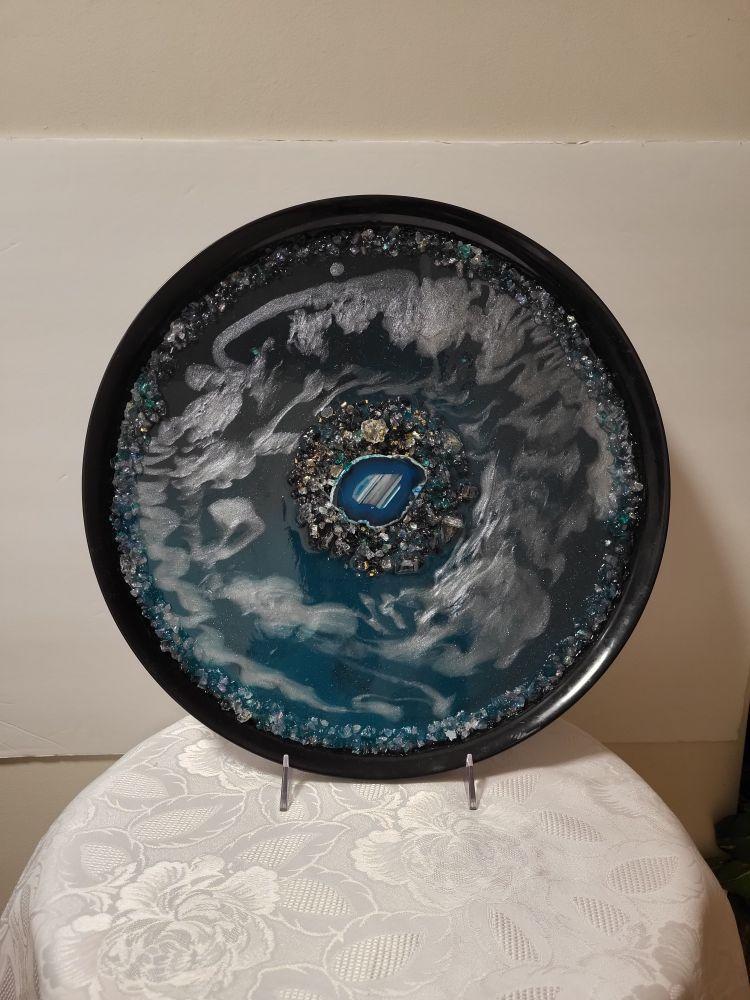 Teal Blue Resin Tray with Crystals, Metallic White Organizer