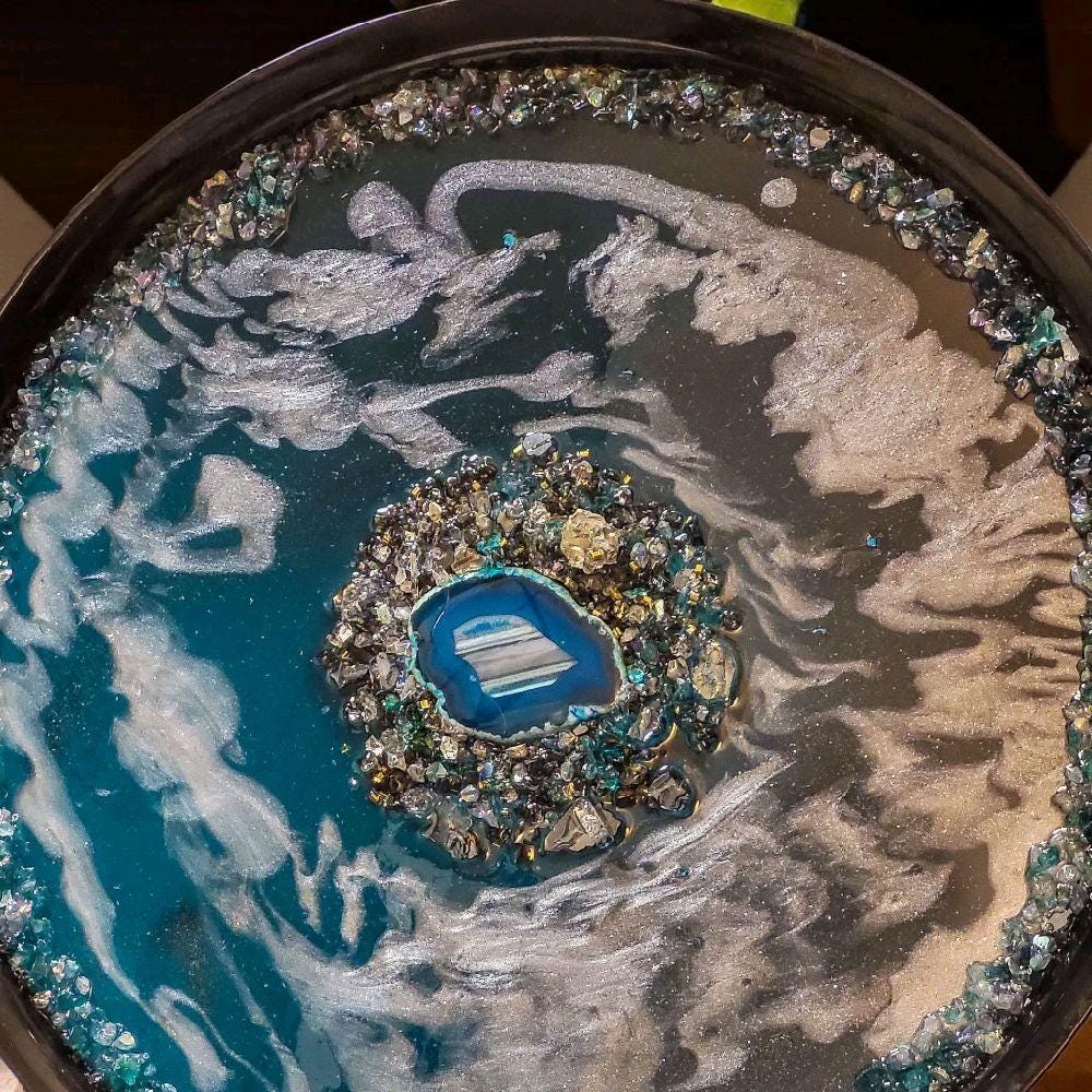 Teal Blue Resin Tray with Crystals, Metallic White Organizer