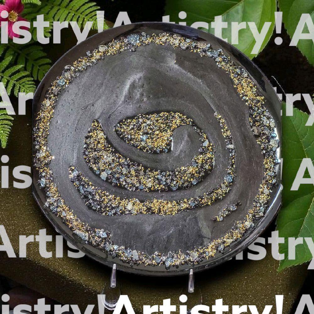 Resin Tray Artwork – Metallic Black with Crystals and Gold