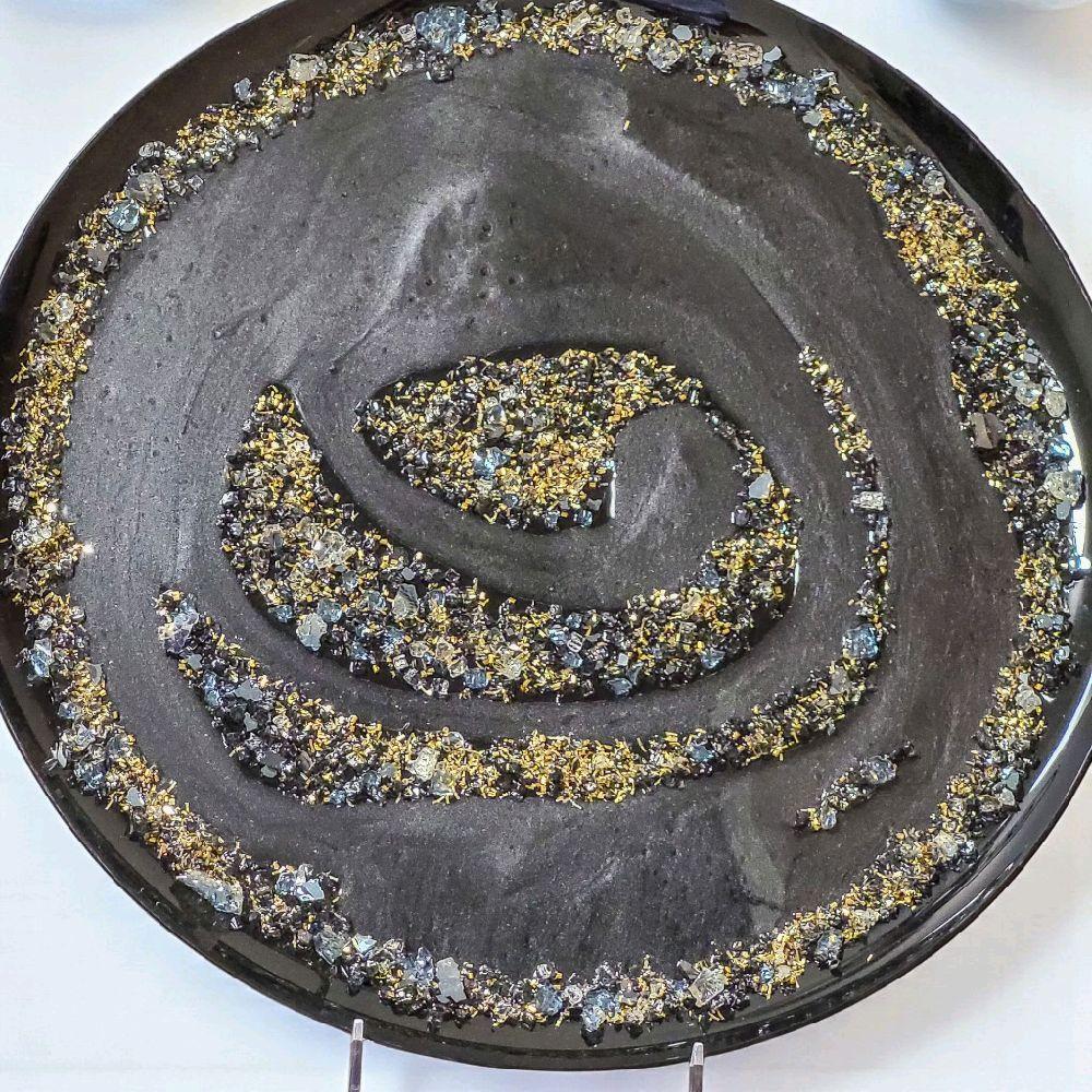 Resin Tray Artwork – Metallic Black with Crystals and Gold