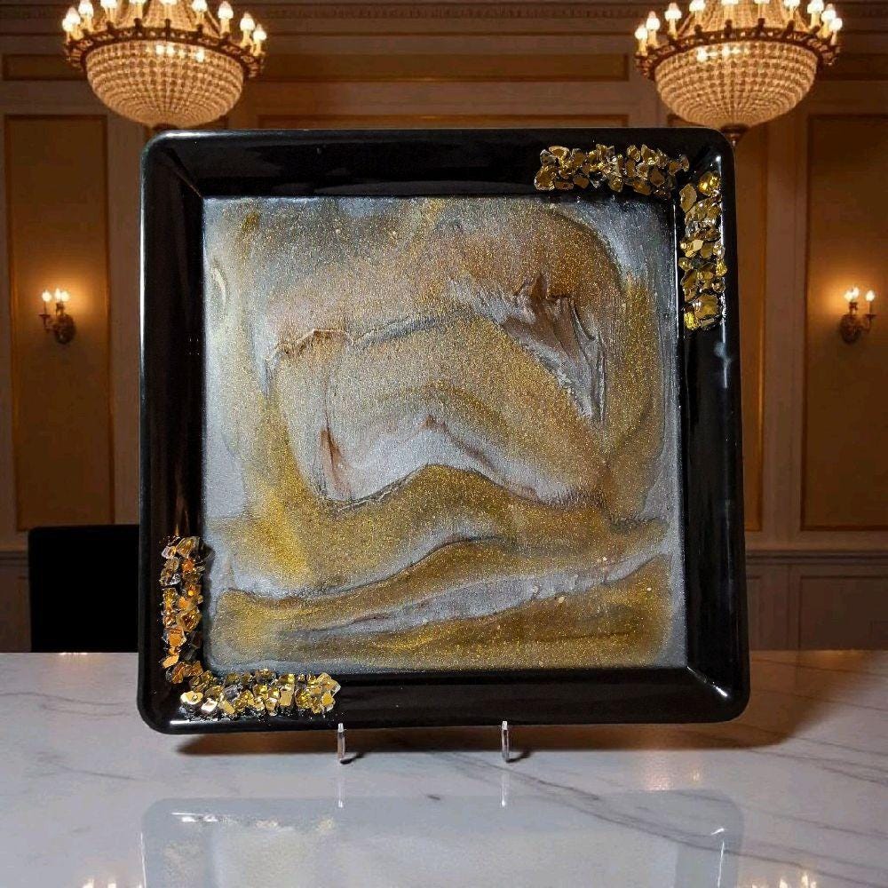 Hand-Designed Gold & White Resin Tray, 3D Crystallized Decor