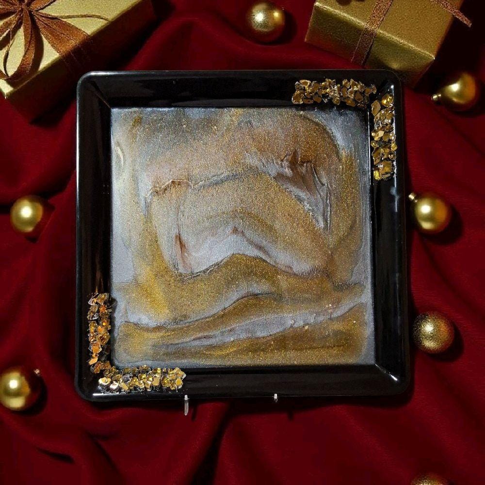 Hand-Designed Gold & White Resin Tray, 3D Crystallized Decor