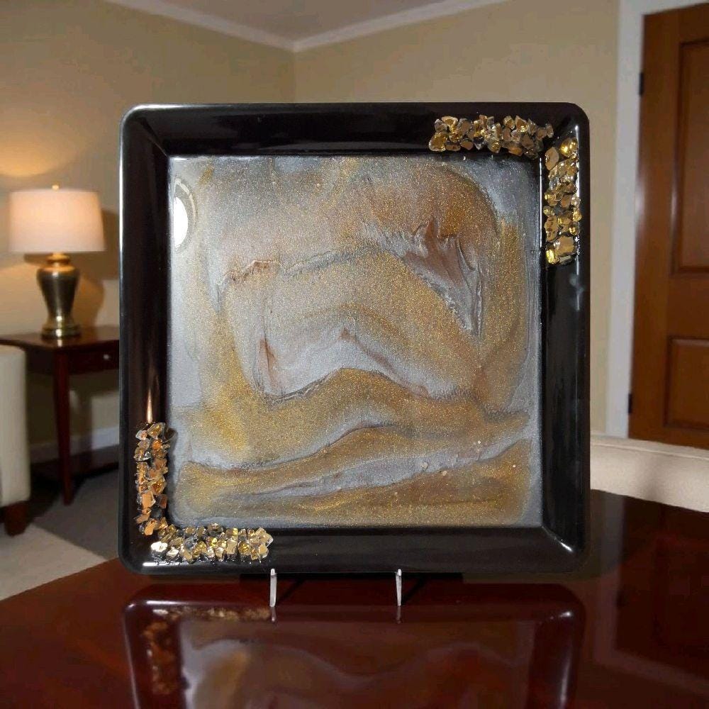Hand-Designed Gold & White Resin Tray, 3D Crystallized Decor