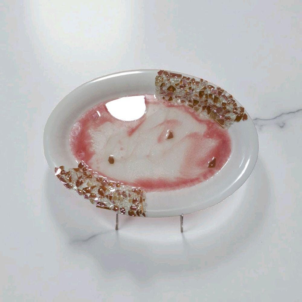 Hand-Designed 3D Crystal Tray, Rose Pink and White Resin, Home Decor