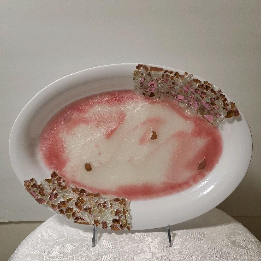 Hand-Designed 3D Crystal Tray, Rose Pink and White Resin, Home Decor