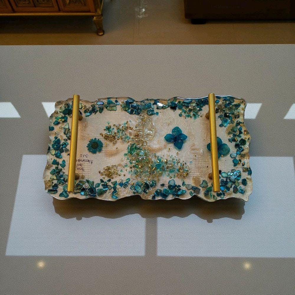 Hand-Designed Crystallized Tray – Aqua Bluish Green Decorative Tray with Handles (6x12 inch)