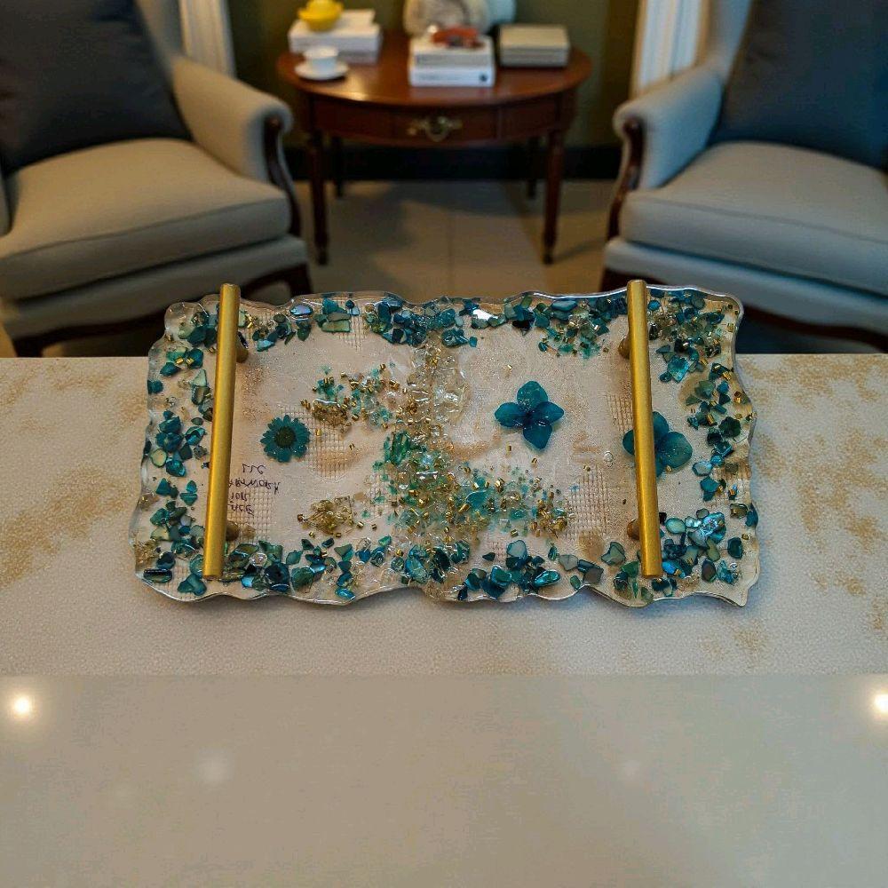 Hand-Designed Crystallized Tray – Aqua Bluish Green Decorative Tray with Handles (6x12 inch)