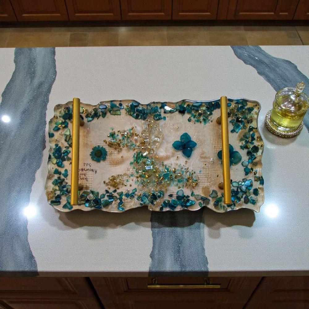 Hand-Designed Crystallized Tray – Aqua Bluish Green Decorative Tray with Handles (6x12 inch)
