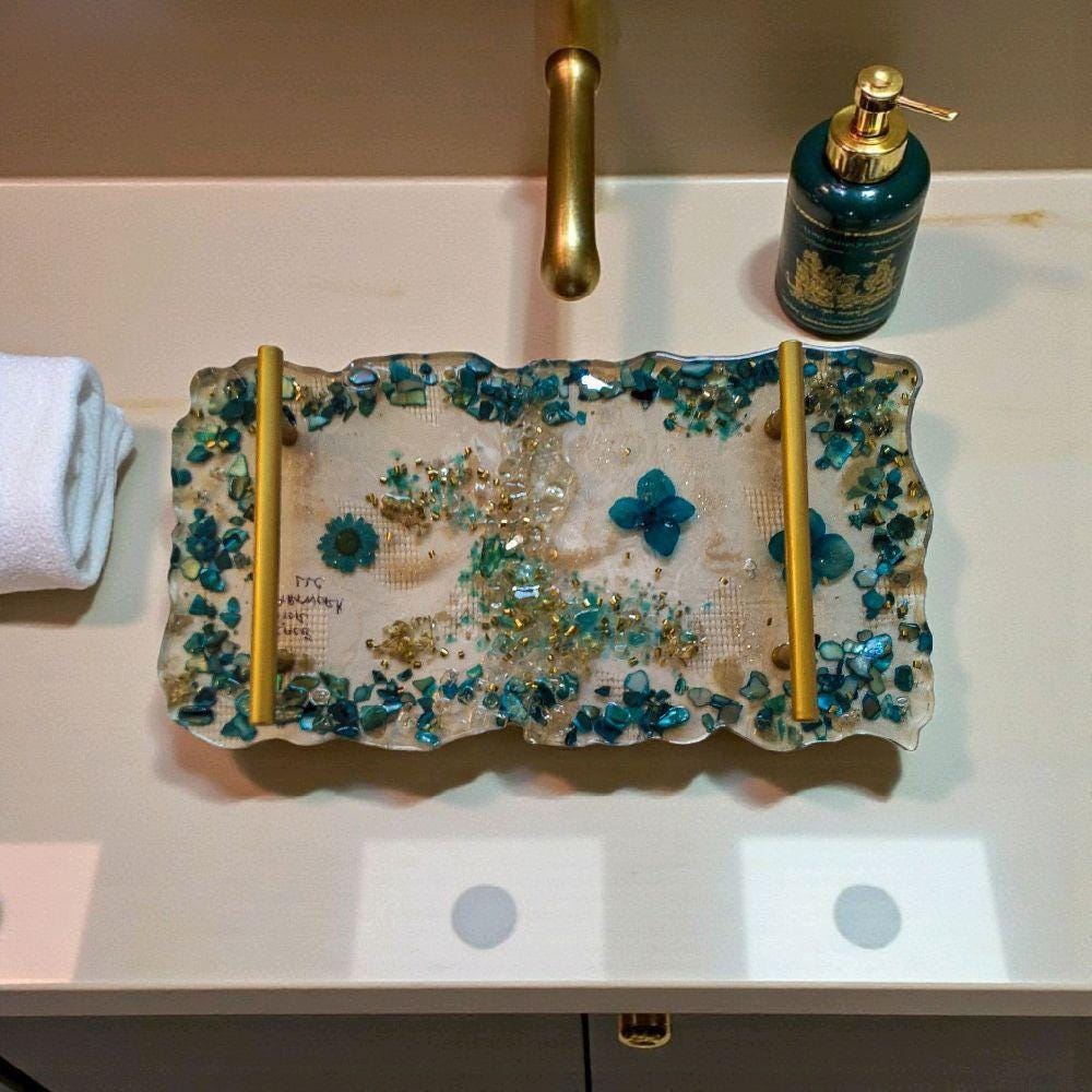 Hand-Designed Crystallized Tray – Aqua Bluish Green Decorative Tray with Handles (6x12 inch)