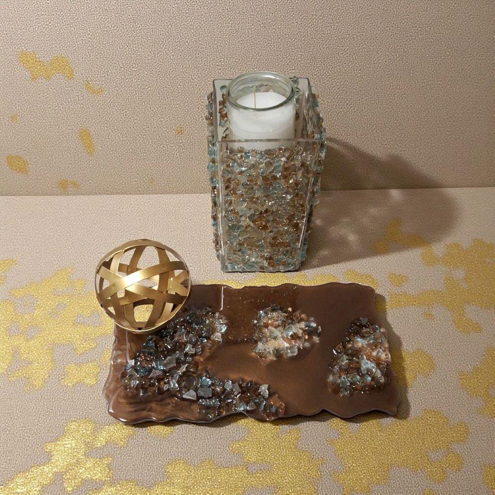 Hand-Designed Elegant Crystallized Decor for Candles Trinkets Brown Multicolored Crystals 7x13 Decorative Standing Piece