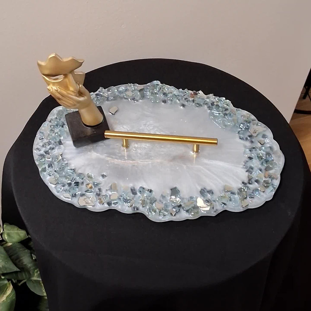 Resin Tray – Blue Crystals, Gold Handle, Elegant Home Decor