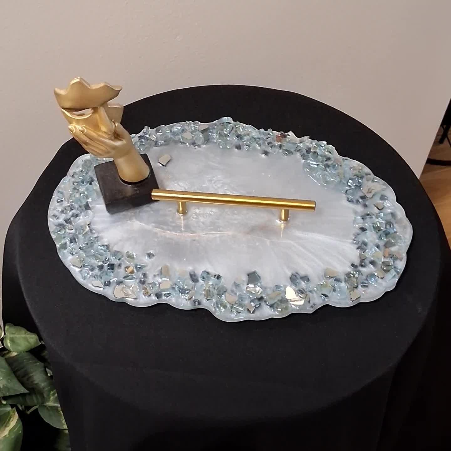 Resin Tray – Blue Crystals, Gold Handle, Elegant Home Decor