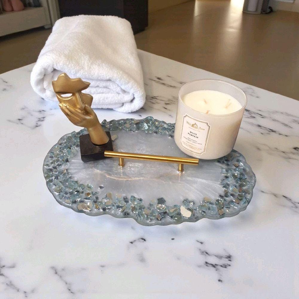 Resin Tray – Blue Crystals, Gold Handle, Elegant Home Decor