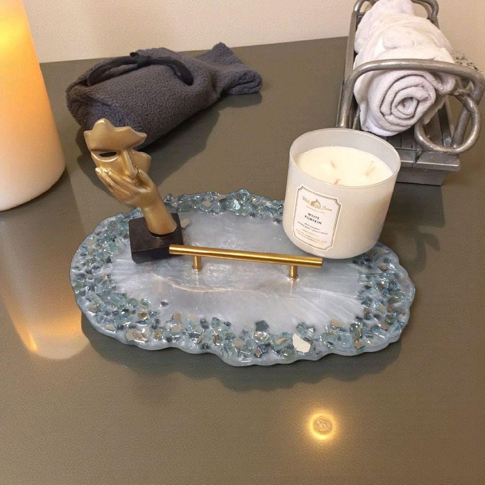 Resin Tray – Blue Crystals, Gold Handle, Elegant Home Decor