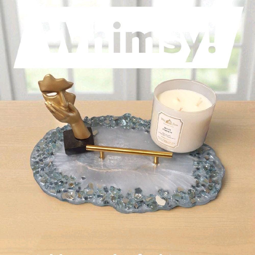 Resin Tray – Blue Crystals, Gold Handle, Elegant Home Decor