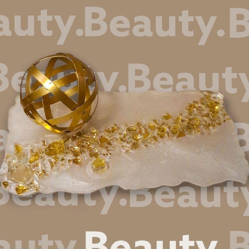 Hand-Designed Pearl White Resin Tray with Gold Crystals (7x13 Inch)