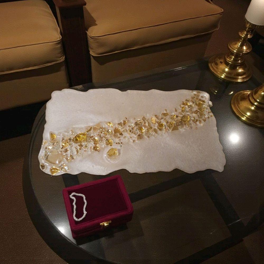 Hand-Designed Pearl White Resin Tray with Gold Crystals (7x13 Inch)