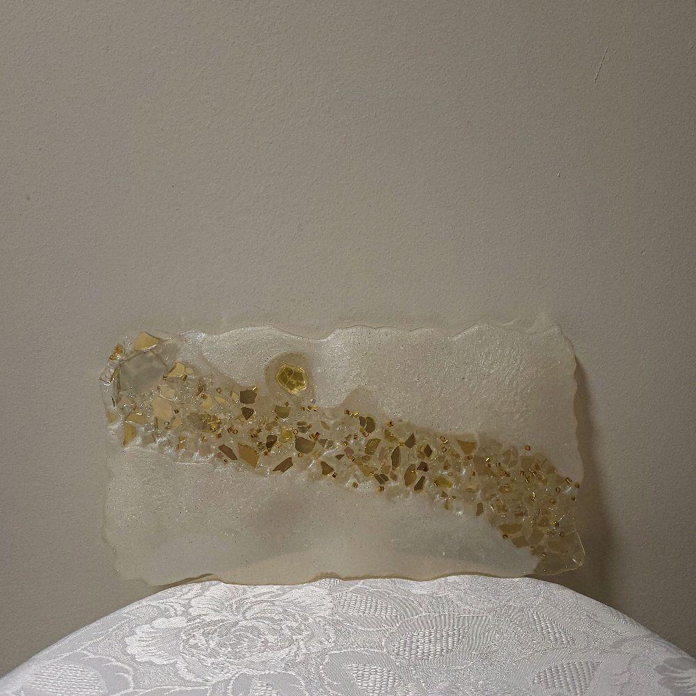 Hand-Designed Pearl White Resin Tray with Gold Crystals (7x13 Inch)
