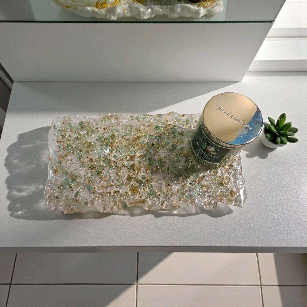 Hand-Designed Crystallized Tray, Light Green Acrylic Decor